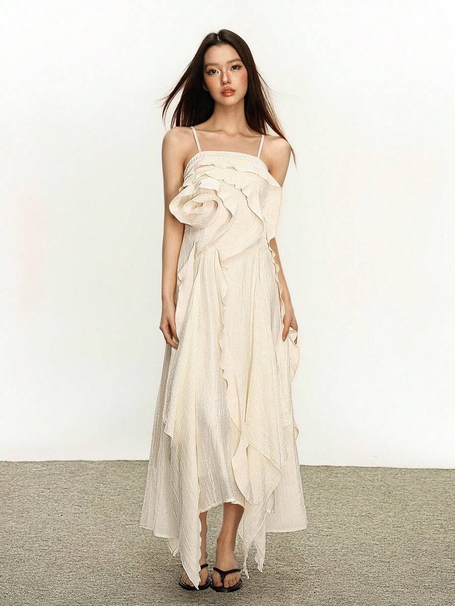 Rina Fox Đầm midi xếp nếp màu trơn thanh lịch cho nữ, mùa hè - Màu be - Xem 1