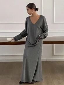 Livesso Herbst/Winter Neue Locker Lässige Einfarbige Schlabberige Frauen 2-Teiliges Set Loungewear für Frauen - Grau - Übersicht 3