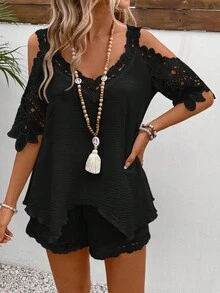 EMERY ROSE 2pcs Vacation Casual Solid Color Lace Patchwork Off-Shoulder Shirt & Shorts Set