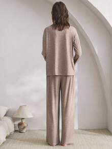 Ocili Minimalist Soft Comfort Women Homewear Lounge Set, Collarless Elegant Casual, Fall Winter Clothes, Cozy Outfits - Khaki - View 3