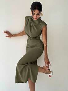 Firerie 女士优雅简约休闲日常通勤度假时尚新款小立领垂坠袖收腰杏色长款连衣裙，夏季 - 軍綠色 - 查看 5