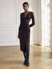 Maija 新款复古棕色V领不对称腰部褶皱侧开衩鸡尾酒连衣裙，女士，春夏款 - 咖啡 - 查看 4