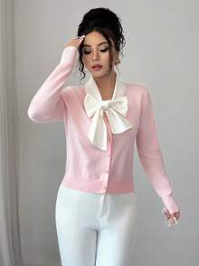 Elenzga Women's Contrast Collar Bowknot Front Cardigan Fall Winter Cloth For Women