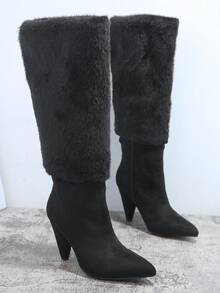SHUZIA Fuzzy Cuff Pointy Toe Cone Heel Boots - Black - View 6