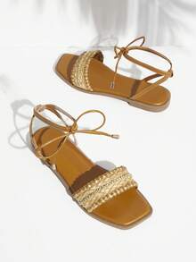 SHUZIA Women's Lace-Up Braided Casual Flat Sandals