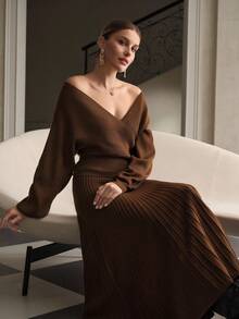 ZEYLAH 2pcs/Set Knitted V-Neck Off-Shoulder Knitted Sweater Set, Autumn/Winter - Coffee Brown - View 8