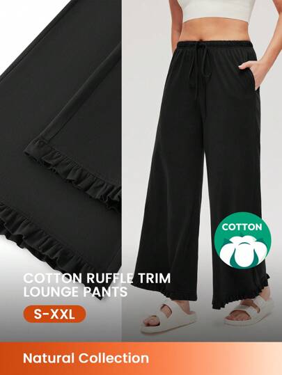 LUVLETTE Damen weiche schwarze 100% reine Baumwolle Weit geschnittene Damen Lounge Hose, luftige Pyjamahose mit Taschen, romantische Zuhause Gemütlichkeit