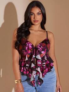 SHEIN BAE Plus Size Women's Black Mesh Ruffled Camisole Top,Graduation,Club Sexy,Spring,Summer,Holiday Night,Birthday,Wedding,Vacation Women,Concert/Early Autumn/Back To School/Going Out /Festival - Purple - View 4