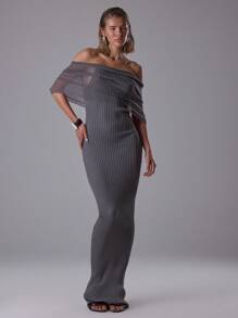 MUSERA Đầm maxi dệt kim xuyên thấu trễ vai với lớp áo hai dây bên trong, thích hợp cho buổi tối sang trọng, mùa thu, gợi cảm, dễ thương, phong cách đường phố, đón năm mới, mùa xuân. - Màu xám đen - Xem 5