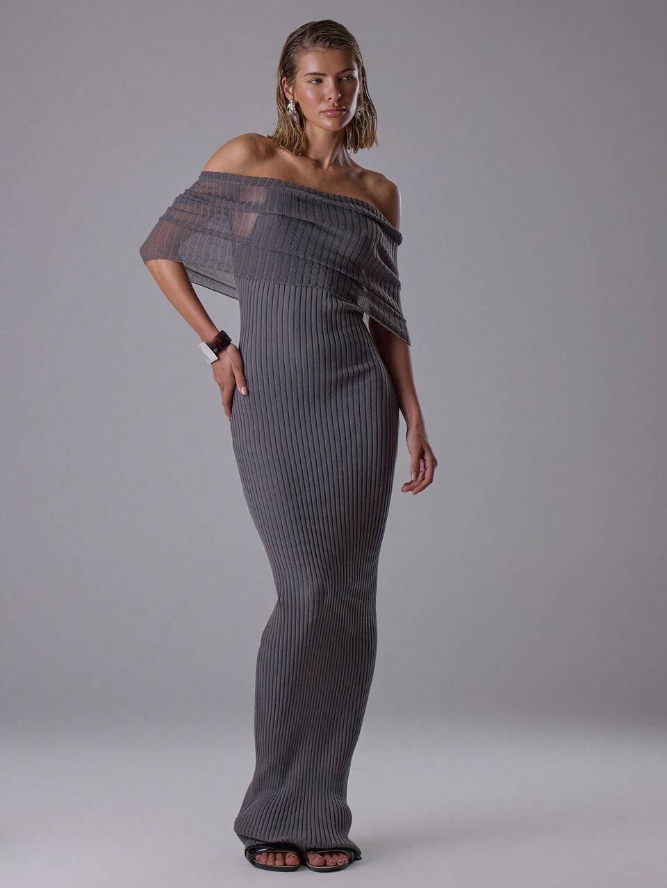 Off The Shoulder Sheer Rib Knit Maxi Dress With Underlayer Cami Dress Classy Night Out Fall Autumn Sexy Cute Coolgirl Streetwear Dawn New Year Spring
