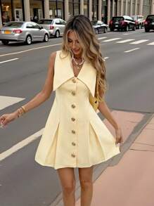 Siren Gaze 奶油黄大翻领V领粗花呢混纺质感金属扣无袖A字气质短款连衣裙教师节通勤装女简约纯色大翻领前扣连衣裙夏