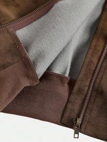 SHEIN Teen Girl Plain Collar Long Sleeve Cropped Loose PU Leather Jacket,In Fall/Winter - Brown - View 9