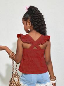 SHEIN Tween Girl Vacation Style Cute Cap Sleeve Girls Shirt, Matching Family Set - Red - View 4