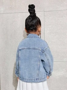 SHEIN Young Girl' Y2K Blue Denim Lapel Long Sleeve Jacket,Fall Kid's  Casual And Comfortable  Wear,Winter Clothes  ,Casual And Fashionable Vacation Outfits - Light Wash - View 3