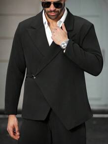 Manfinity Mode 秋季男士大码纯色翻领长袖休闲西装外套 - 黑色 - 查看 1