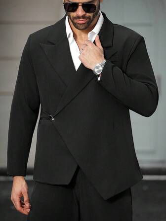 Manfinity Mode Plus Size Men's Solid Color Lapel NeckLong Sleeve Casual Blazer Jacket, Autumn