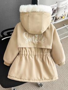 女童冬季新款拉链连帽仿毛领棉质外套，字母刺绣，修身腰部，罗纹袖口，时尚保暖加厚羽绒服，休闲百搭秋季外套 - 卡其色 - 查看 2
