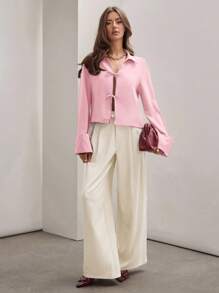 COSMINA 女式纯色卡其色前系带长袖简约商务休闲工作衬衫，休闲日常穿着秋季 - 粉色 - 查看 6