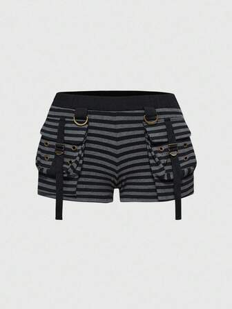 Grunge Punk Retro Punk Black & Gray Striped 3D Pocket Y2K Babe Plus Size Shorts