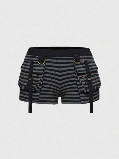 Grunge Punk Retro Punk Black & Gray Striped 3D Pocket Y2K Babe Plus Size Shorts