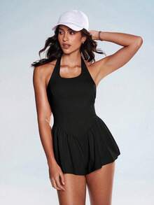 Gameset SHEIN Sport 女式休闲纯色挂脖日常健身运动连体衣 - 黑色 - 查看 7