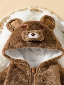 Newborn Baby Plush Brown Bear Hooded Romper, Thick Fleece Jumpsuit, Unisex Cute & Funny Loose Soft Baby Clothing, Suitable For Boys And Girls, Everyday Wear Or Outings, 0-9 Months Fall Winter - Brown - View 7