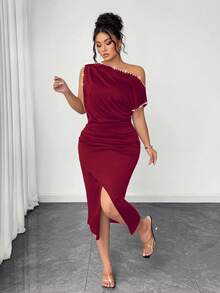 SHEIN Clasi Elegant Summer Vacation Dress For Plus-Size Ladies - Burgundy - View 3