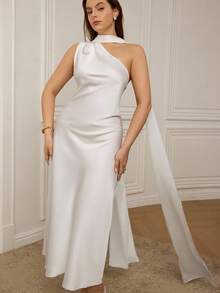 Aveloria Rosie Plus Size Sleeveless Dress With Satin Waist, Asymmetric Shoulder Design, High-End Wrap Skirt And Extra Long Scarf Tie, Party Dress