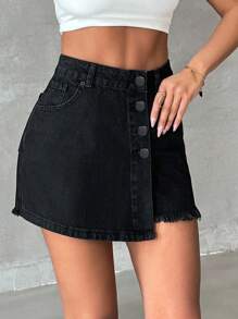 EURMUSE 100%Cotton SHORT WITH SKIRT BUTTON RAW EDGE - Black - View 5