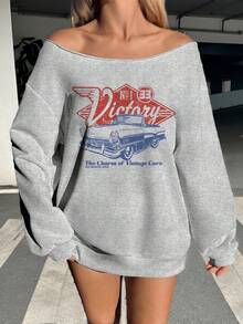 SHEIN EZwear Plus Size Women's Off Shoulder Loose Casual Minimalist Racing Car Pattern Long Sleeve Sweatshirt, Autumn/Winter Fall - Light Grey - View 4