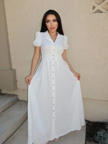 Durrani Popal Women's Solid Color Lapel Neck Puff Sleeve Elegant Dress - Beige - View 6