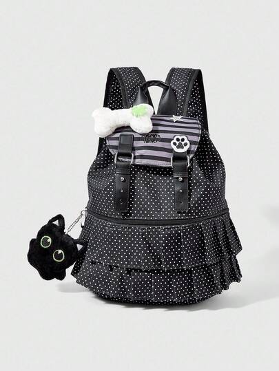 Grunge Punk Polka Dot Ruffle Striped Drawstring Closure Large Capacity Multi-Function Backpack, Casual & Versatile For School, Party, Shopping