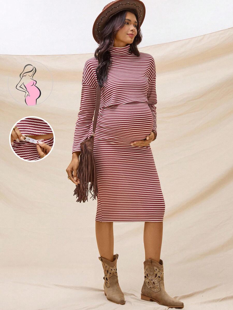 Boho Mama 2 Stücke Umstandsmode Lässig gestreiftes Top mit Kragen und Rocksset - Rot-Weiß - Übersicht 1