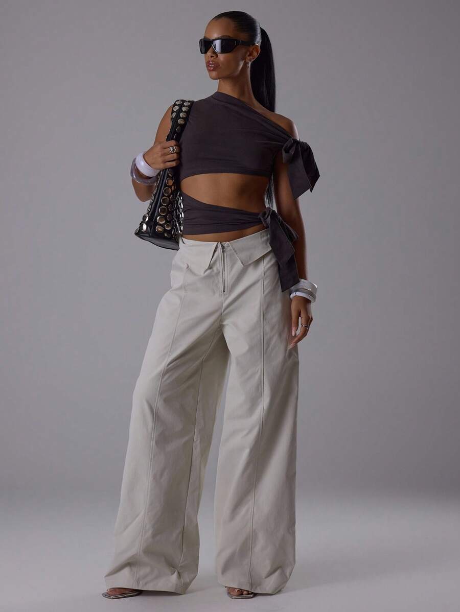 MUSERA Quần ống rộng, khóa kéo phía trước, chi tiết gập gấu, dáng đứng, sang trọng, gợi cảm, dễ thương, phong cách đường phố, thích hợp cho tiệc tùng, mùa hè. - Màu be - Xem 1