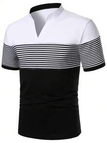Manfinity Mode 男士流行条纹休闲亨利领 Polo 衫，时尚街头风格，适合日常穿着 - 黑與白 - 查看 1