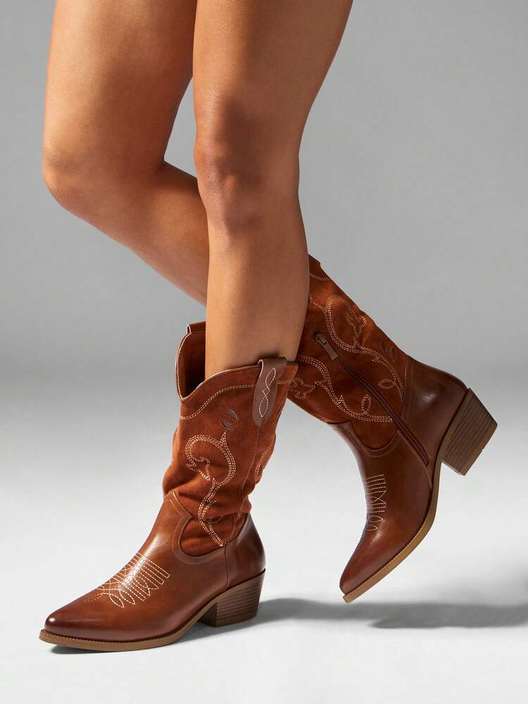 MISSGUIDED Western Knee High Boots With Embroidered Design