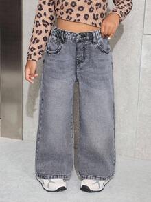 SHEIN 年轻女孩 Y2K 休闲日常水洗宽松牛仔裤，街头风，冬季，休闲时尚度假秋季装扮 - 灰色 - 查看 3