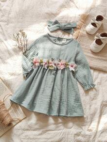SHEIN Baby GirlRound Neck Waist Floral Design Long Sleeve Dress + Matching Headband, Simple Cute Fresh Spring/Autumn Elastic Waist Comfortable Princess Dress - Green - View 6