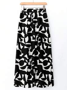 EMERY ROSE 女式黑白几何松紧腰阔腿休闲印花裤，秋冬 - 白色 - 查看 2