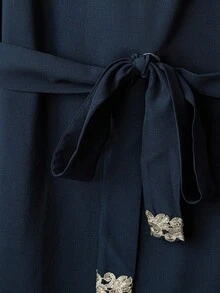 Al Najma Women's Solid Color Sleeveless Dress + Paisley Print Robe Arabic Style Set - Navy Blue - View 8