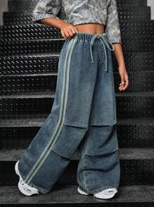 SHEIN Tween Girls Y2K Punk Streetwear Casual Color Block Side Stripe High Waisted Jeans Flap Pocket Pleated Wide-Leg Cargo Wide Leg Jeans Pants,Halloween Clothes Girl,Christmas Clothes,Girls Fall Winter Clothes Back To School Homecoming Outfits,Autumn Clothes Loose Wide Leg Pants - Medium Wash - View 7