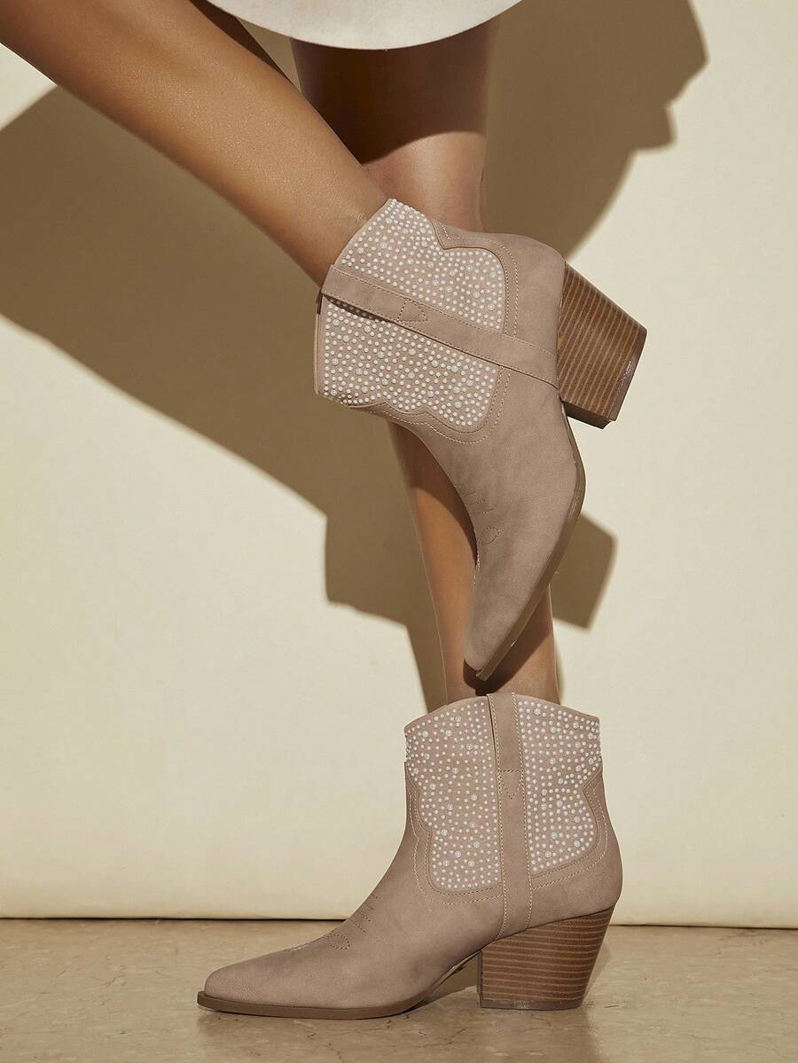 SHUZIA 極簡風格一腳蹬粗跟靴子 - 卡其色 - 查看 1