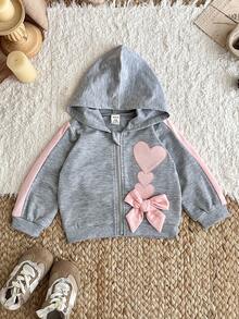 SHEIN 女婴时尚休闲刺绣心形图案连帽拉链夹克，秋冬