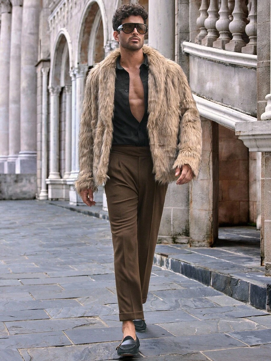 Manfinity VCAY Chaqueta casual de manga larga con pelaje sintético para hombre, abrigo de piel sintética esponjoso para hombre en otoño/invierno, abrigo de piel sintética esponjoso y mullido para hombre - Marrón Chocolate - Ver 1