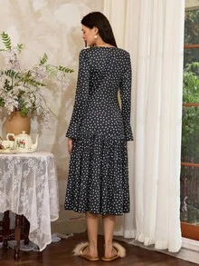 Côtesoire 法式优雅浪漫波尔卡圆点蕾丝荷叶边领长袖女士睡袍，秋季 - 黑與白 - 查看 2