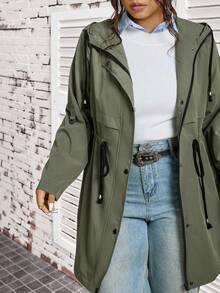 SHEIN LUNE 加大码军绿色斗篷/披风外套，休闲百搭女士冬季服装商务休闲女式风衣女士秋季服装冬装女士办公室服装橄榄绿时尚冬季秋季 - 軍綠色 - 查看 5