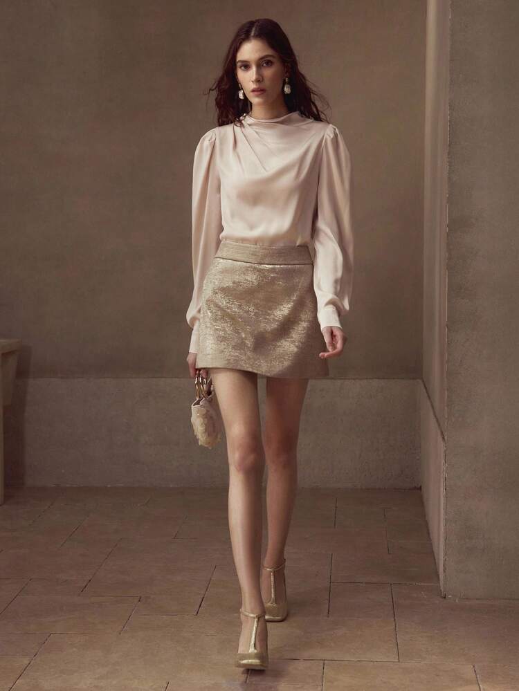 BLUSA VINTAGE DE GOLA ALTA EM CETIM DE ALTA QUALIDADE PARA MULHERES, ESTILO DA MODA, OUTONO/INVERNO