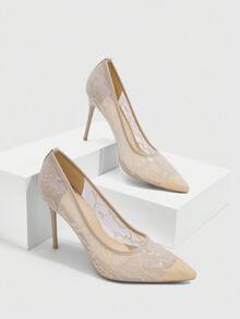 CUCCOO SZL 女士时尚杏色蕾丝材质性感尖头细高跟鞋，适合通勤、约会、派对、度假、婚礼等场合