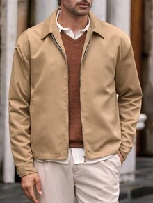 Manfinity BRENVOR 短款休闲简约男士夹克 男士棕褐色夹克 男士浅棕色夹克 男士休闲夏季夹克，老款，秋季，冬季 - 卡其色 - 查看 6