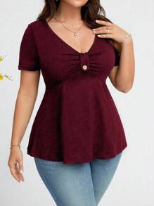 Rometta Plus Size Plain V-Neck Ruffle Hem Short Sleeve Casual T-Shirt, Summer, For Thanksgiving